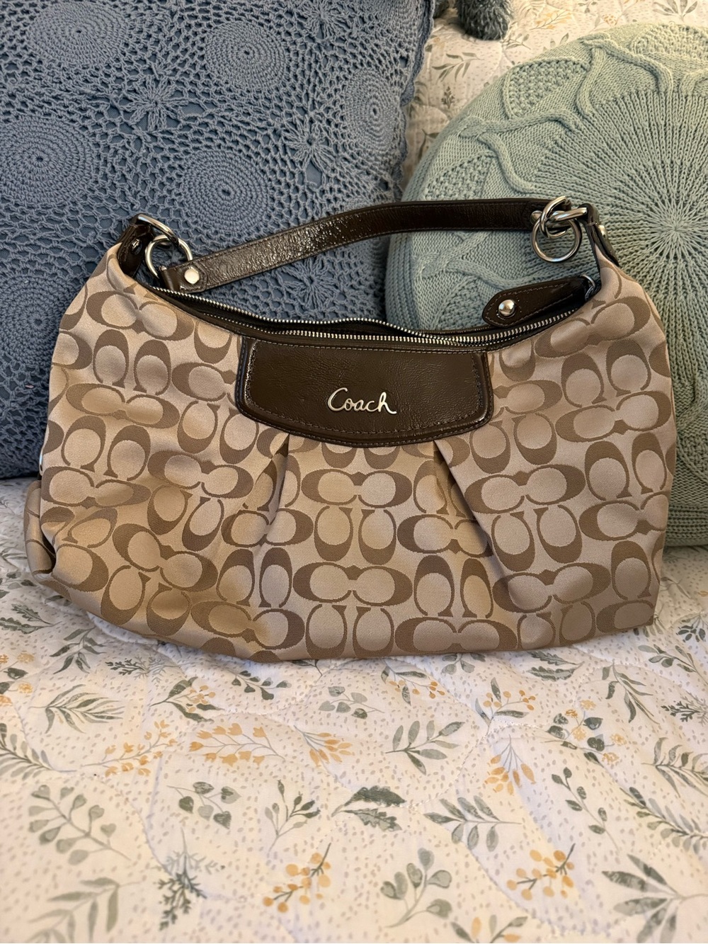 Coach Tan Signature Canvas Shoulder Bag with Dark Brown Leather Trim